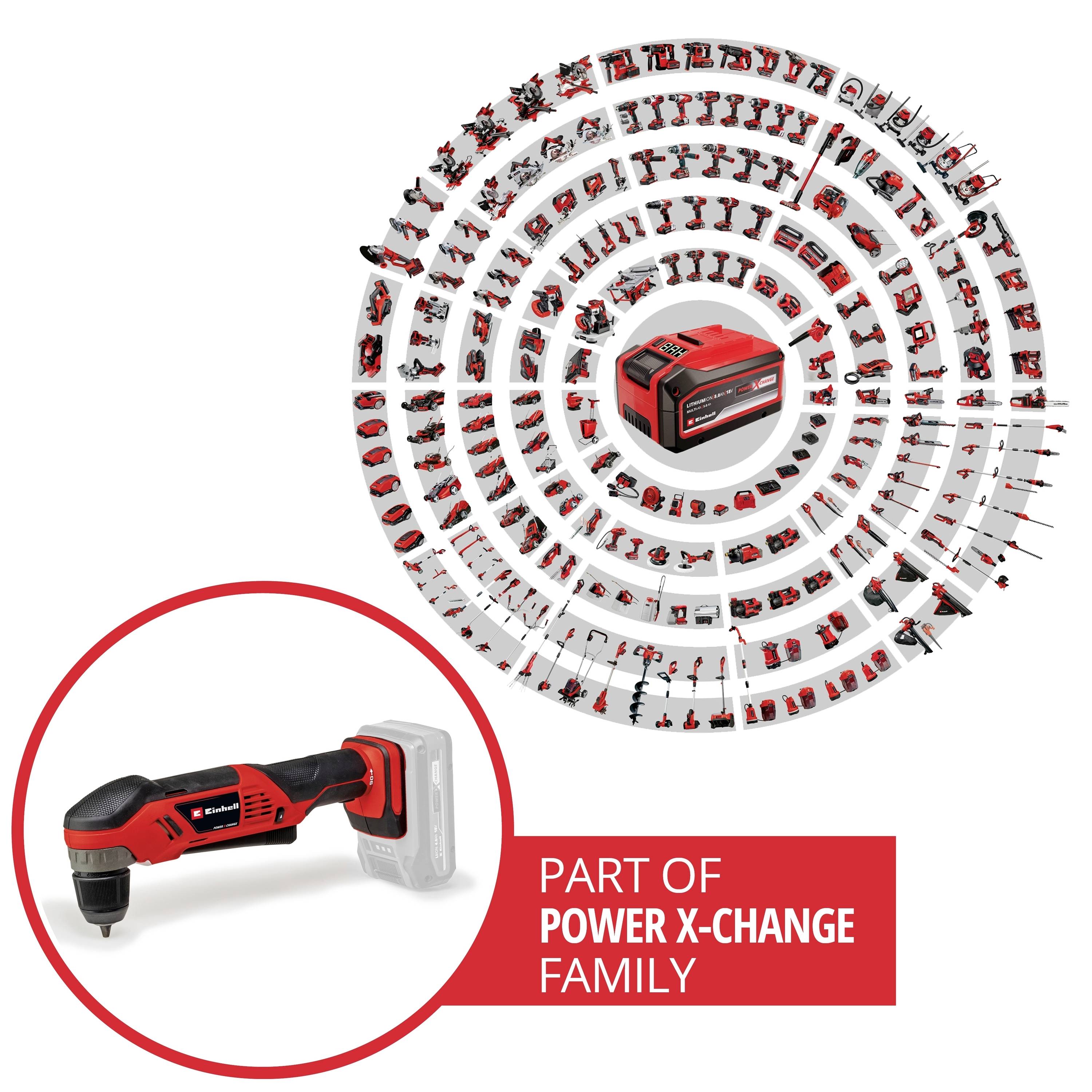 Un dispositivo elettrico rosso e wireless della serie 'Power X-Change' circondato da una varietà di utensili della stessa serie.