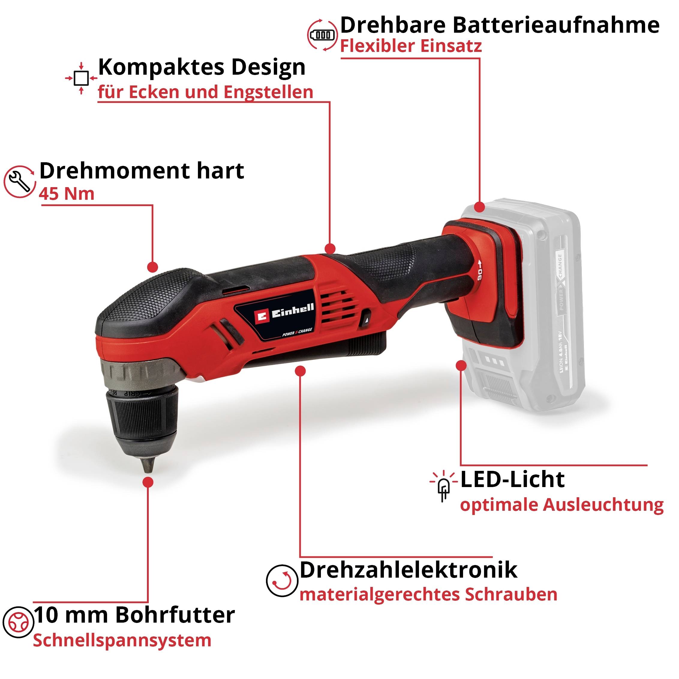 Trapano avvitatore a batteria con indicazione di coppia 45 Nm, design compatto, supporto batteria ruotabile, mandrino da 10 mm e luce LED.