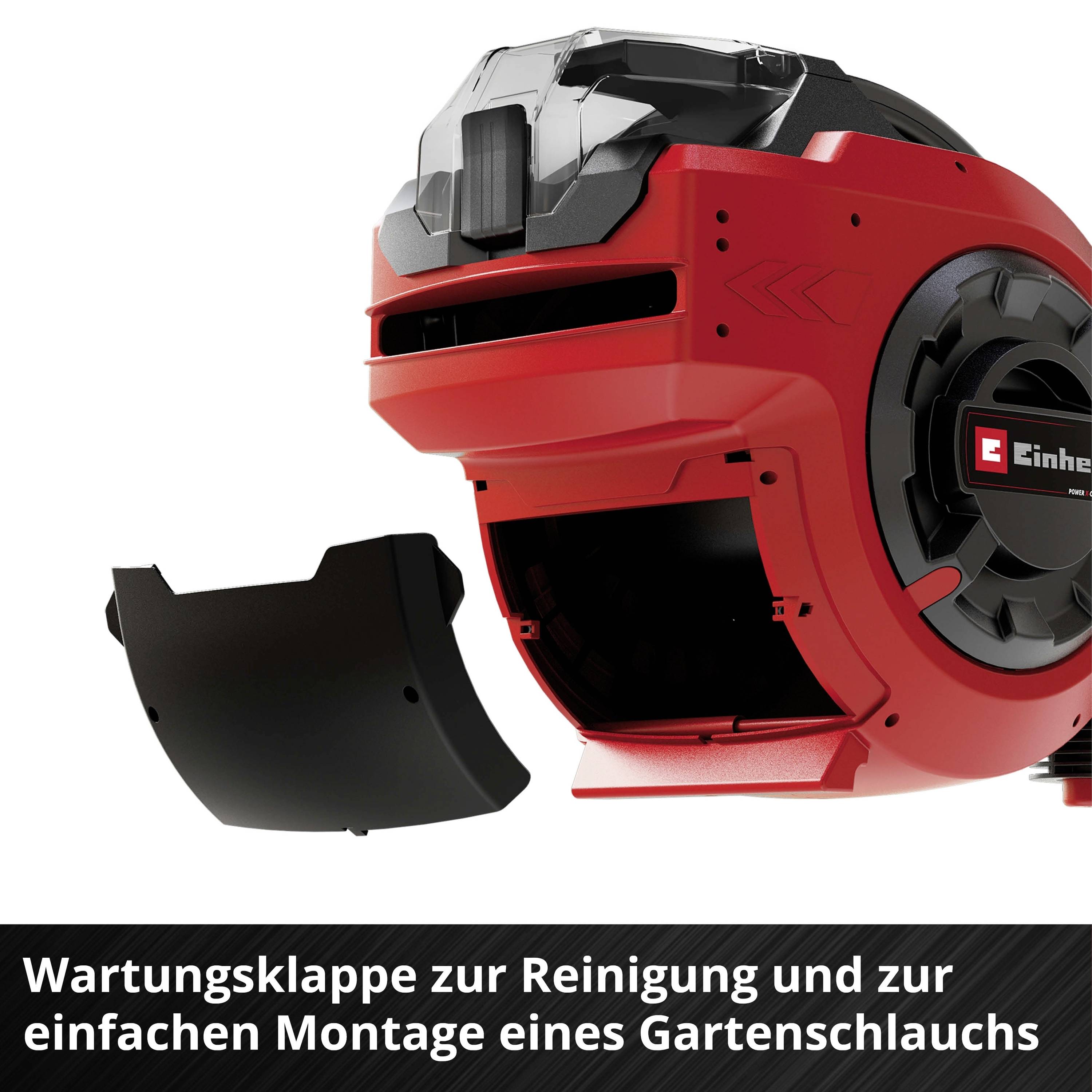 Un robot tagliaerba rosso con lo sportello di manutenzione aperto; testo sottostante: Sportello di manutenzione per la pulizia e il semplice montaggio di un tubo da giardino.