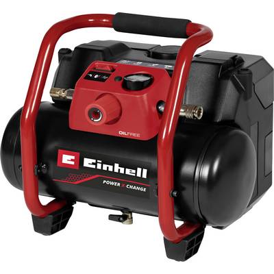 Compressore d'aria portatile Einhell senza olio con telaio protettivo rosso e serbatoio nero, mostrato su uno sfondo bianco.