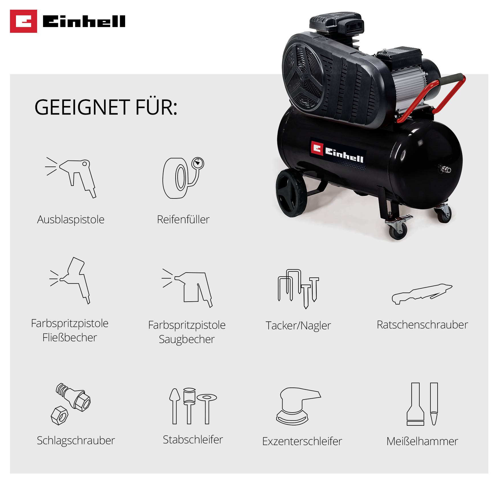Compressore Einhell con elenco di applicazioni appropriate: pistola di soffiaggio, gonfiatore di pneumatici, pistola di verniciatura e avvitatore ad impatto, graffatrice/chiodatrice, levigatrice e martello scalpello.