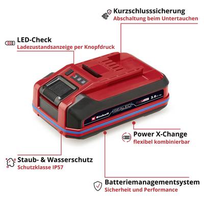 Caricabatterie con protezione da cortocircuito, indicatore LED dello stato di carica, protezione da polvere e acqua (IP57), compatibilità Power X-Change e sistema di gestione batteria.