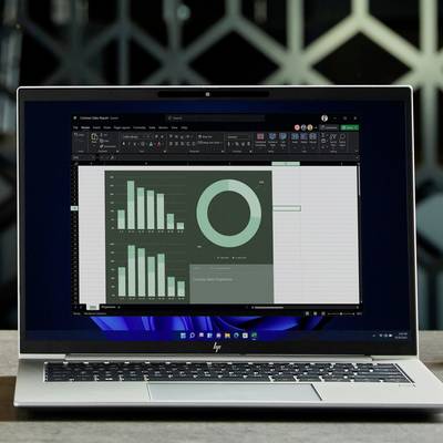 Schermo di un laptop con un foglio Excel aperto che mostra un grafico a torta e un istogramma, raffigurante un'analisi dei dati.