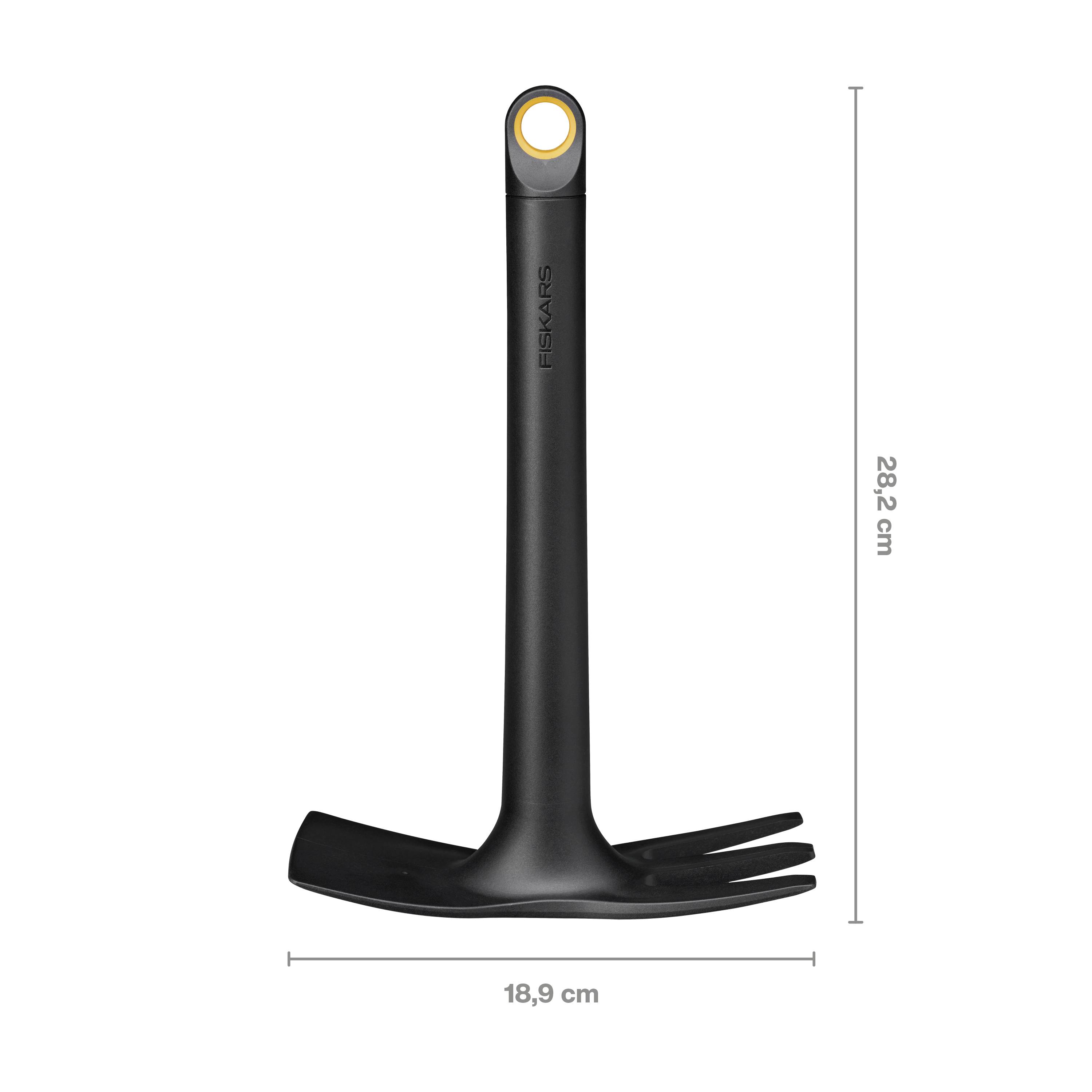 Utensile da cucina: spatola nera per padella con impugnatura ergonomica e logo del marchio, dimensioni 28,2 cm x 18,9 cm.