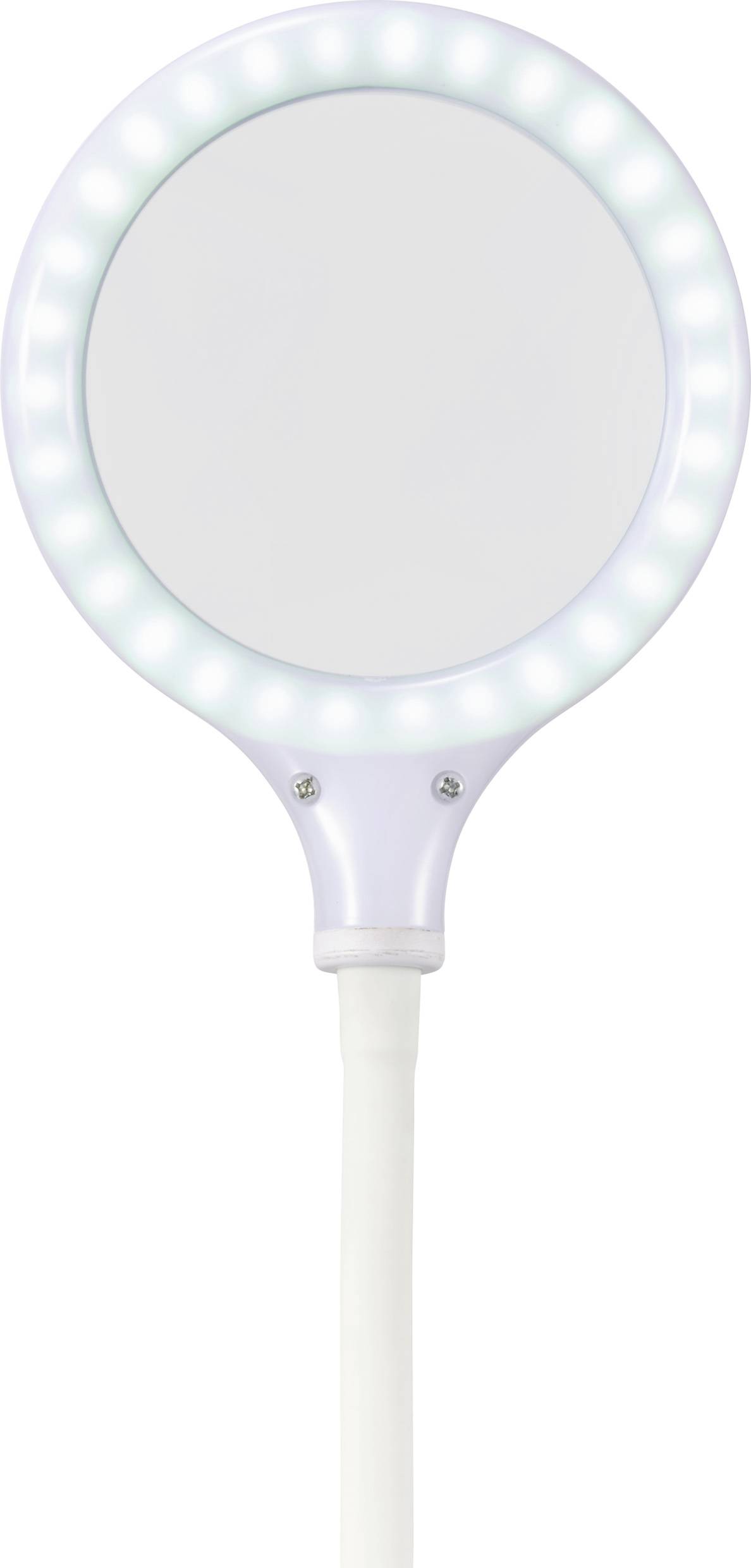 Specchio da mano bianco con cornice rotonda illuminata e manico. Ideale per l'osservazione dettagliata grazie all'illuminazione LED.