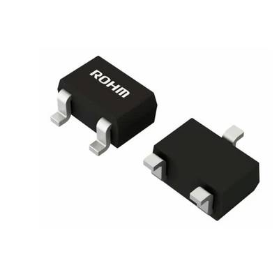 Due componenti semiconduttori neri con la scritta 'ROHM', ciascuno con tre connettori metallici, probabilmente transistor o diodi.
