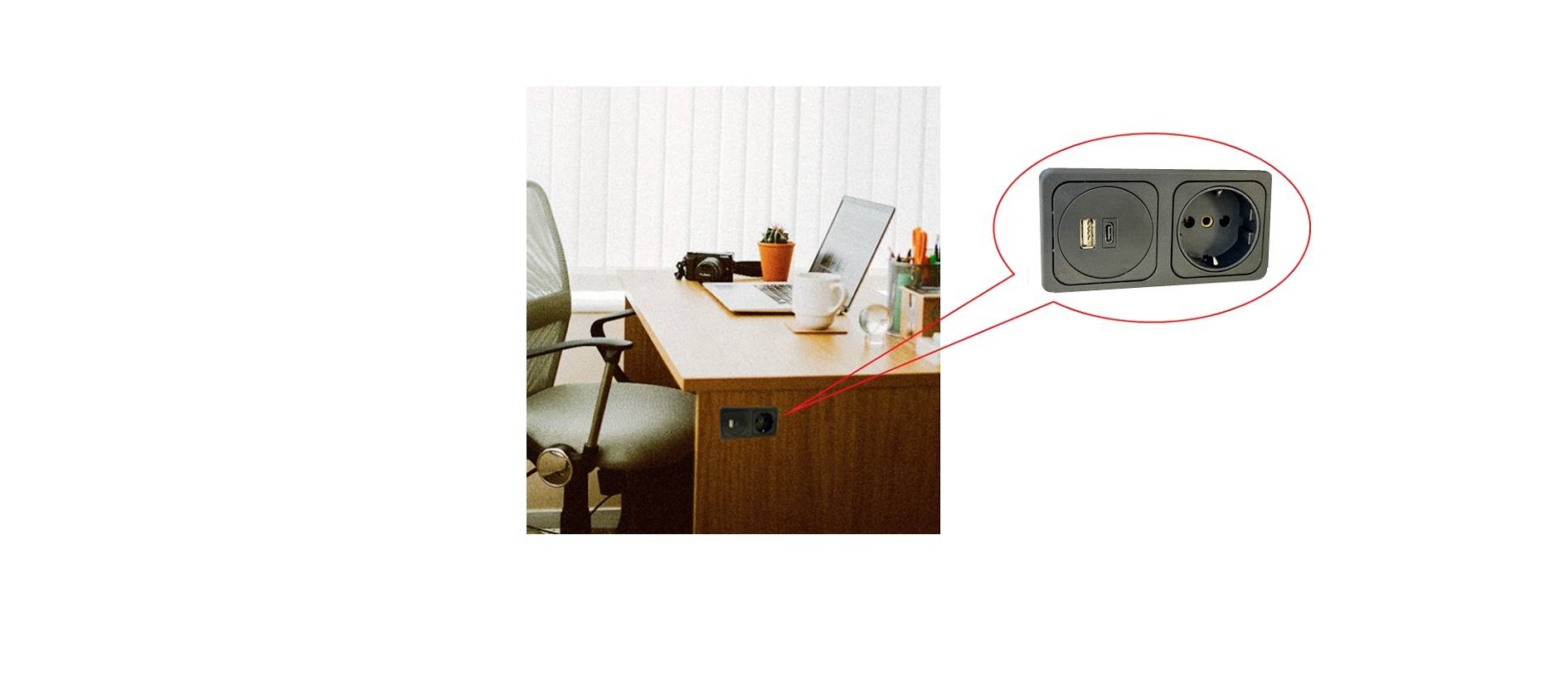 L'immagine mostra una scrivania con un laptop, alcune piante e una sedia. In primo piano, un primo piano di una presa elettrica a incasso con attacchi USB e alimentazione elettrica.