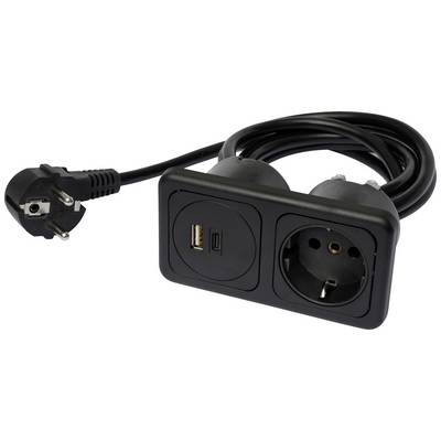 Multipresa nera con spina europea, due prese e due porte USB, per una ricarica e connessione versatile.