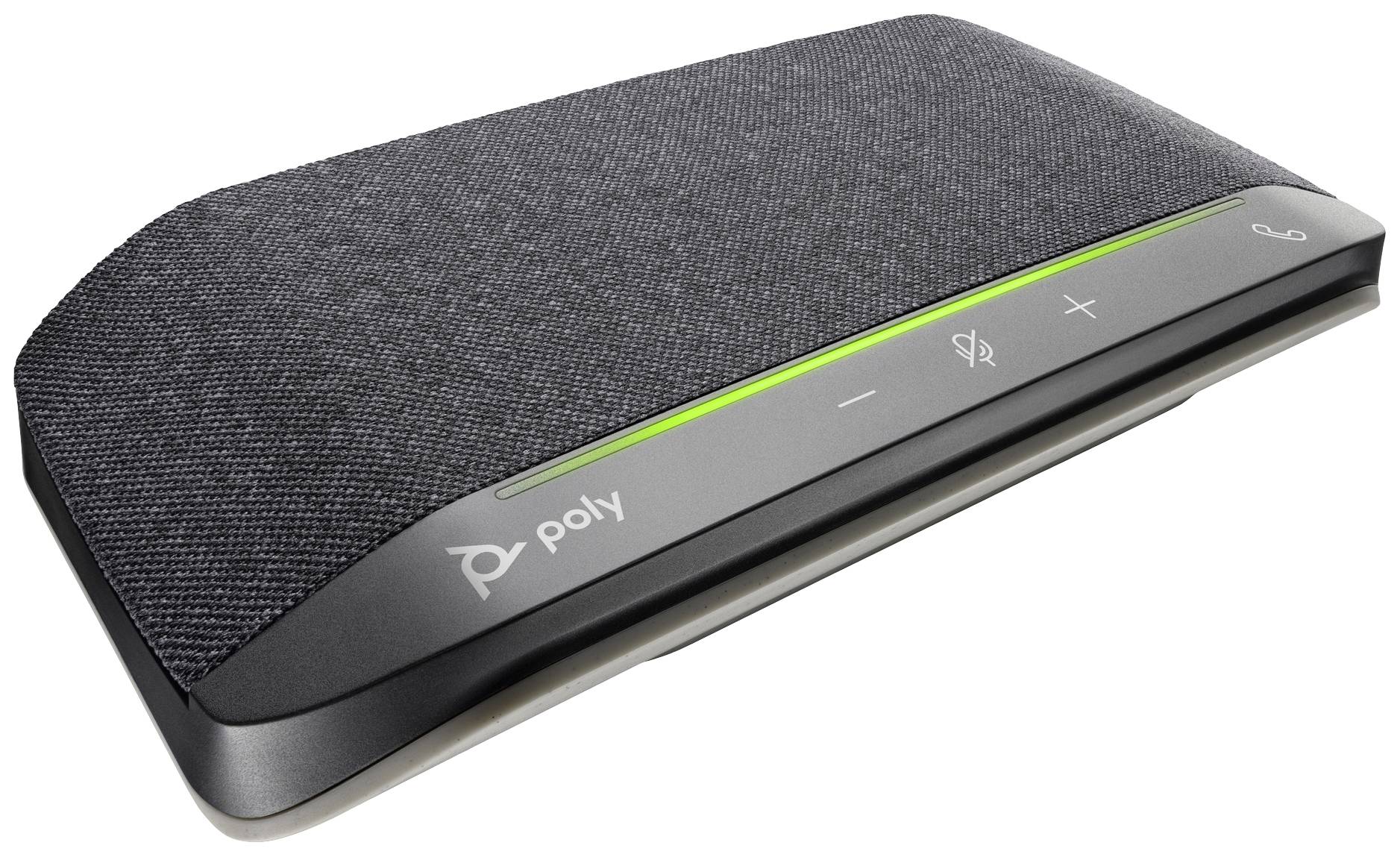 Un altoparlante da conferenza rettangolare e piatto, rivestito in tessuto e dotato di barra di controllo. Include tasti per il volume, il microfono e l'alimentazione.