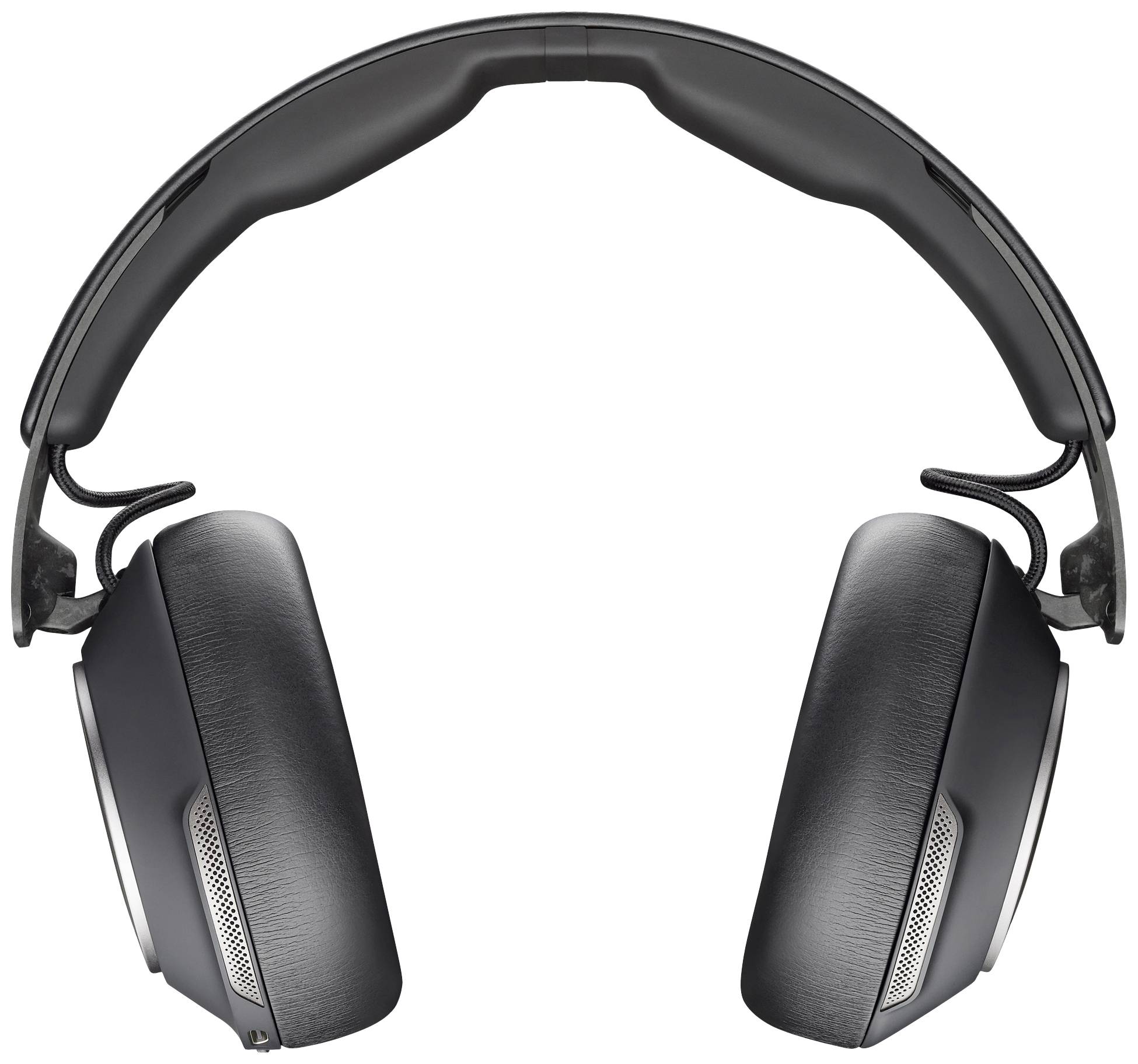 Una coppia di cuffie over-ear nere con archetto imbottito e padiglioni auricolari, su uno sfondo bianco.