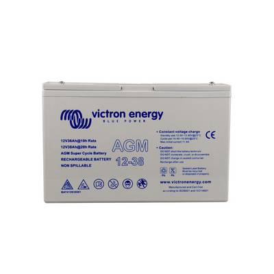 Batteria AGM 'Victron Energy' 12-38, ricaricabile, non versabile. Specifiche tecniche e avvertenze stampate.
