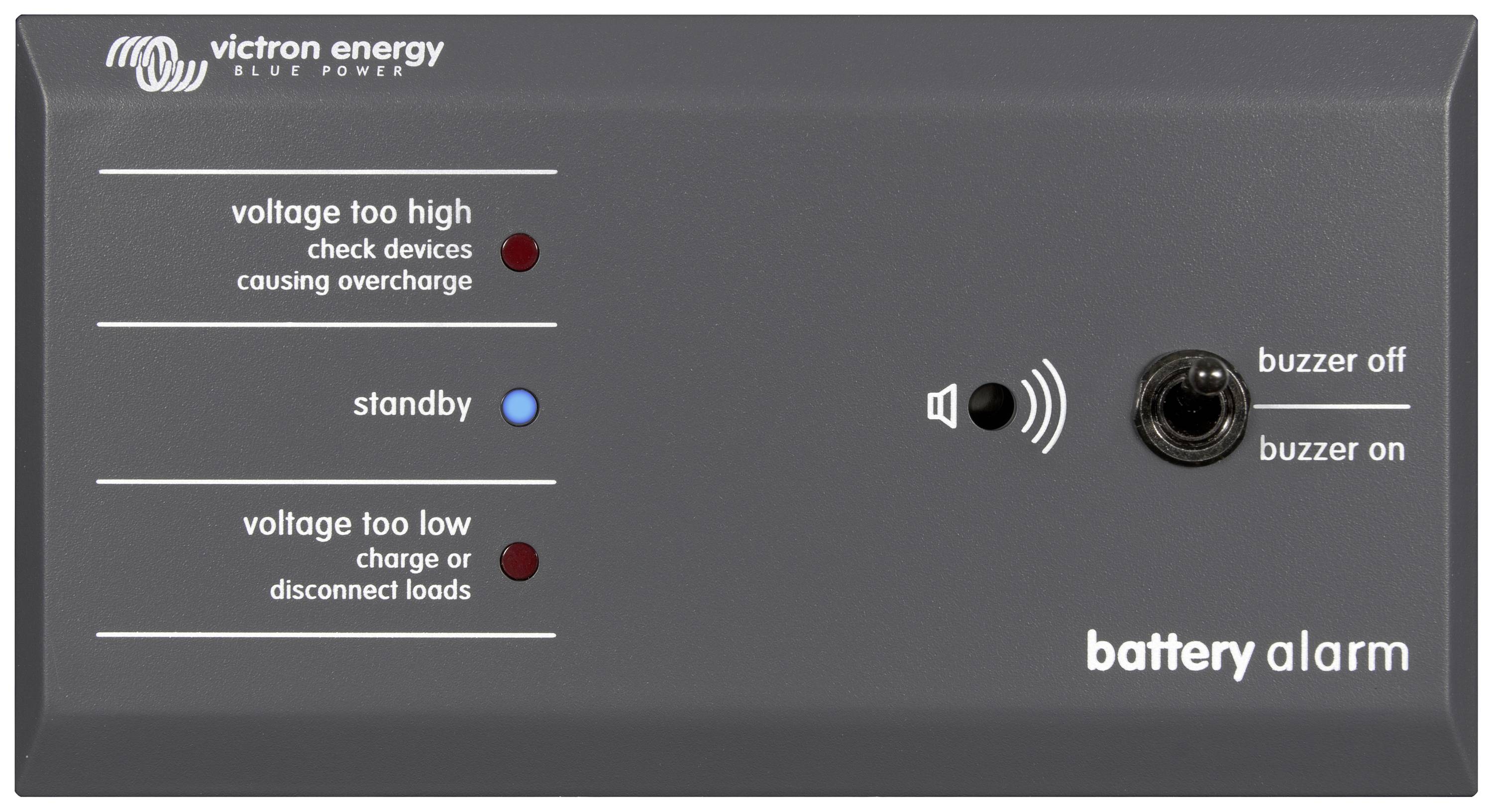 Pannello Allarme Batteria Victron Energy con indicatori LED: Rosso per 'tensione troppo alta', Blu per 'standby', Rosso per 'tensione troppo bassa'. Interruttore per sirena on/off.