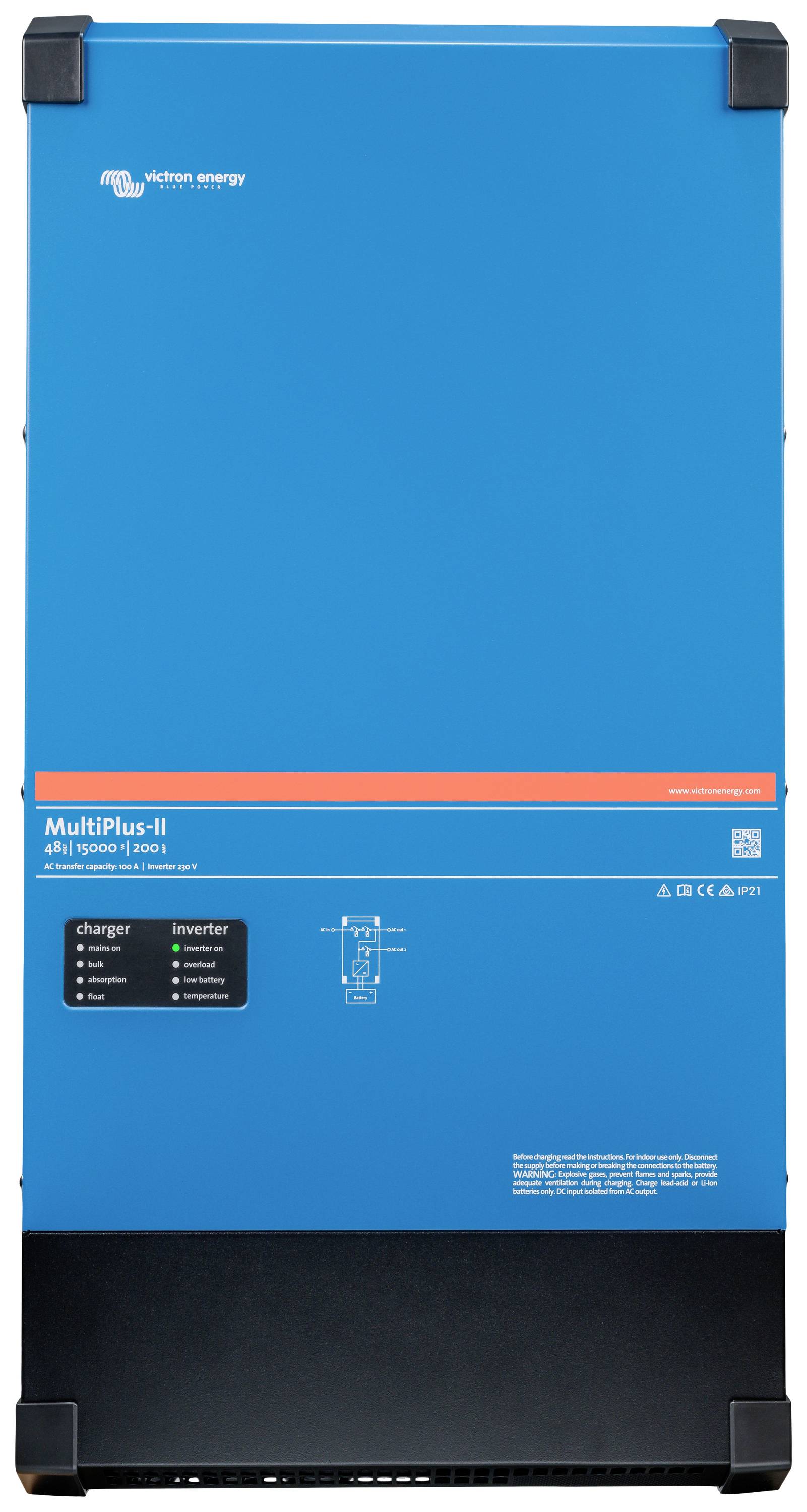 Un dispositivo elettrico blu con la scritta 'MultiPlus-II', che funge da caricabatterie e inverter.