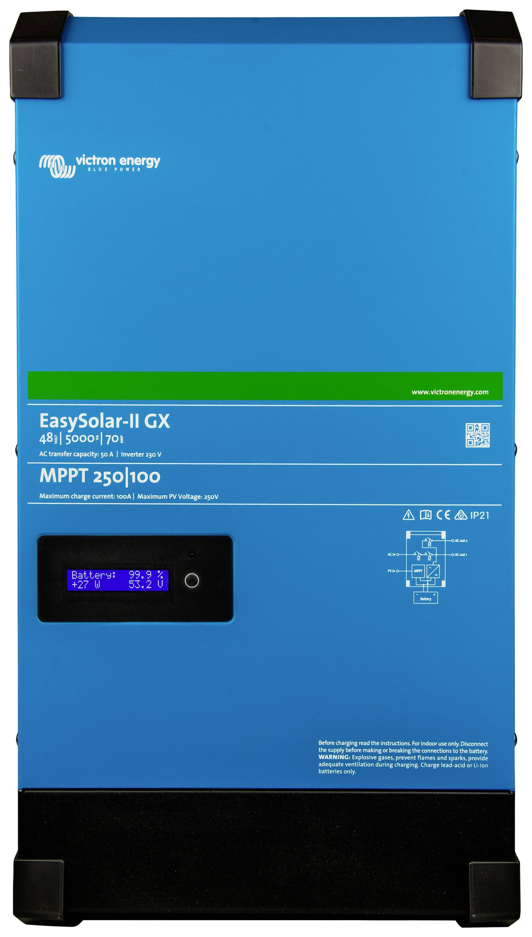 Inverter solare blu Victron Energy, modello EasySolar-II GX, offre un regolatore di carica MPPT e vari dati di visualizzazione energetica.