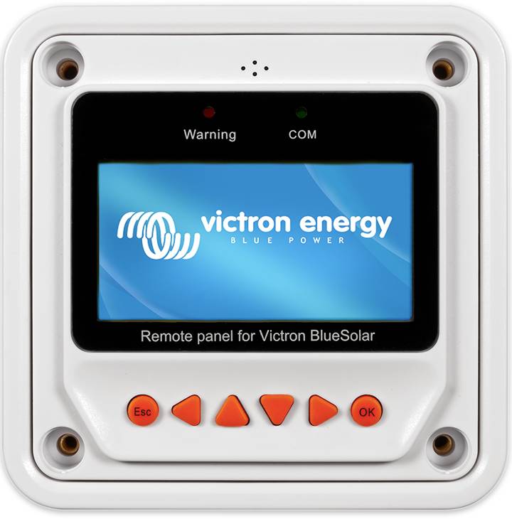 Pannello di telecomando per Victron BlueSolar, con display blu e logo Victron, offre funzioni di controllo e monitoraggio.