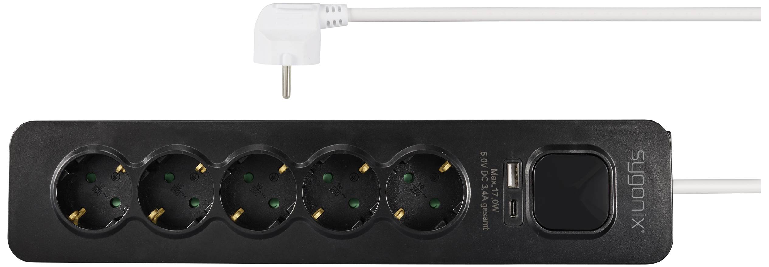 Una multipresa nera con cinque prese, porte USB e un interruttore illuminato. Il cavo è dotato di una spina bianca.