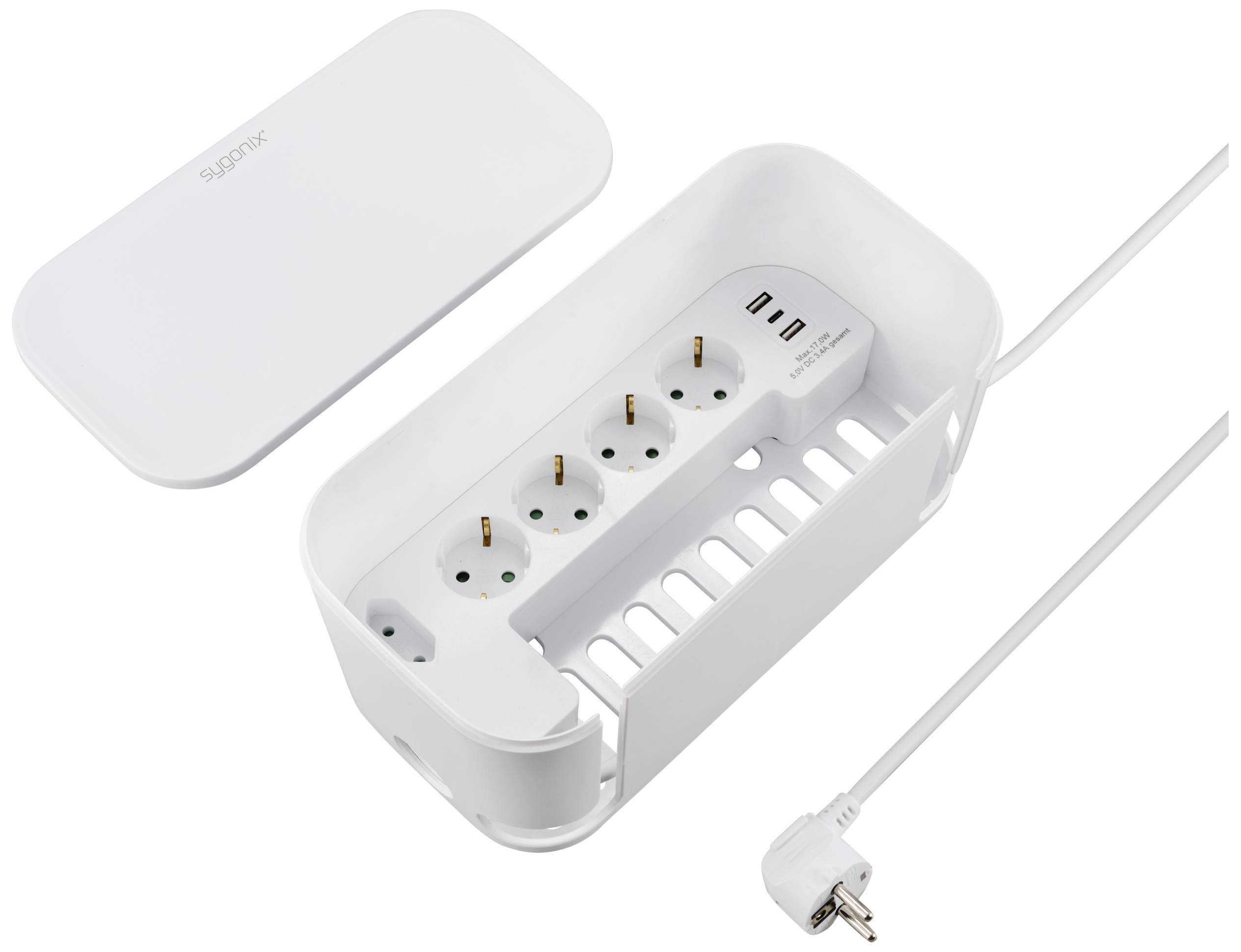 Un contenitore bianco per la gestione dei cavi con coperchio rimovibile mostra all'interno multiprese e porte USB. Un cavo con spina è collegato.
