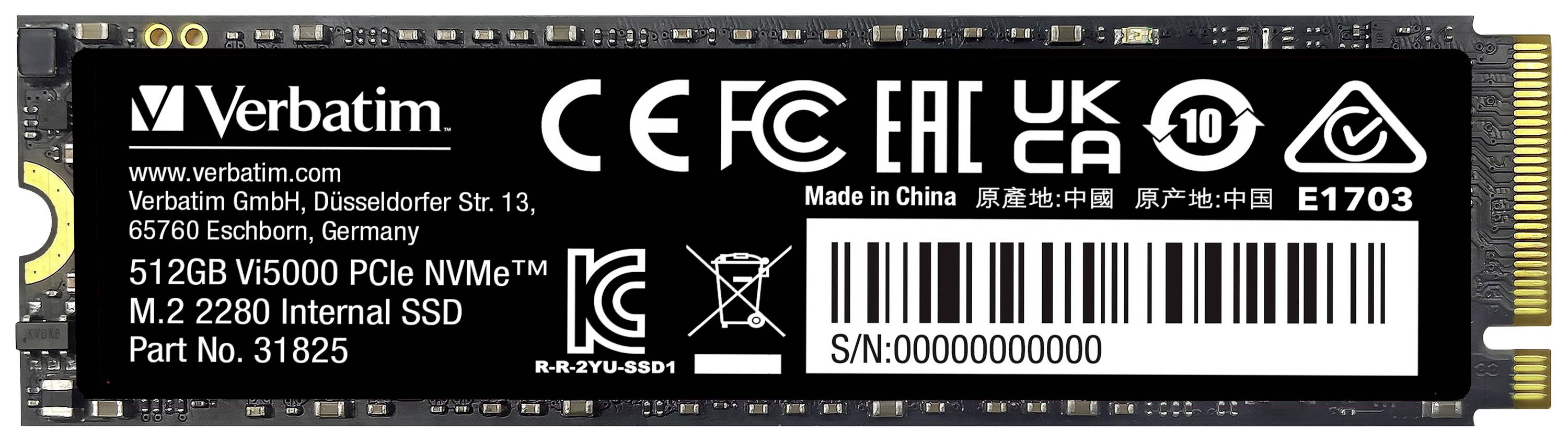 Un SSD interno M.2 2280 Verbatim PCIe NVMe da 512GB con informazioni tecniche e di certificazione sull'etichetta.