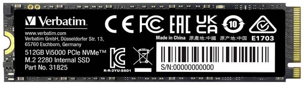 SSD Verbatim da 512 GB, PCIe 4.0, M.2 2280, NVMe, Vi5000 (R) 5000 MB/s, (W) 2500 MB/s, Vendita al dettaglio