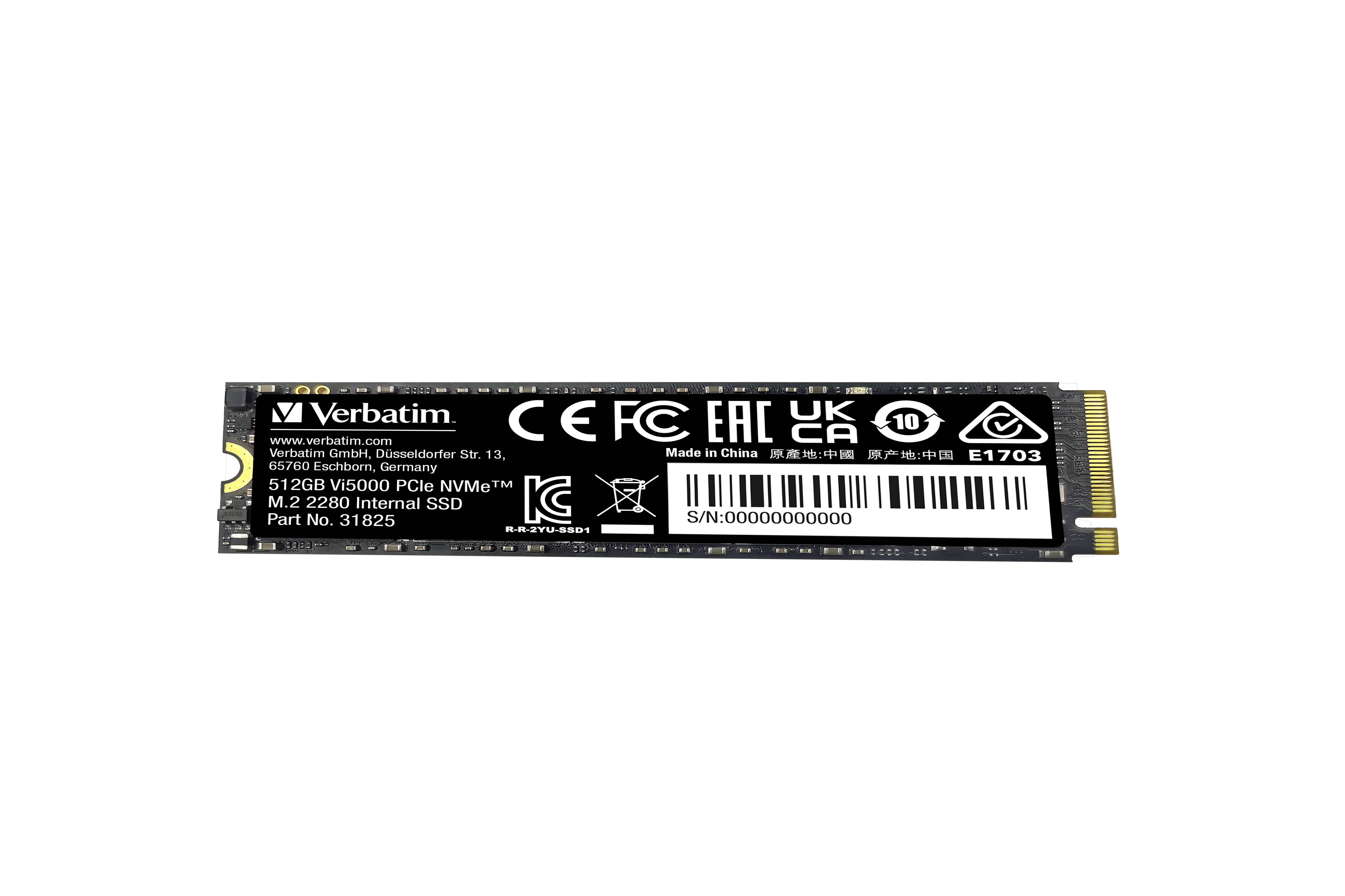 Un SSD interno Verbatim M.2 2280 da 512GB, che utilizza l'interfaccia PCIe NVMe. Mostra il numero di serie dettagliato e le certificazioni.