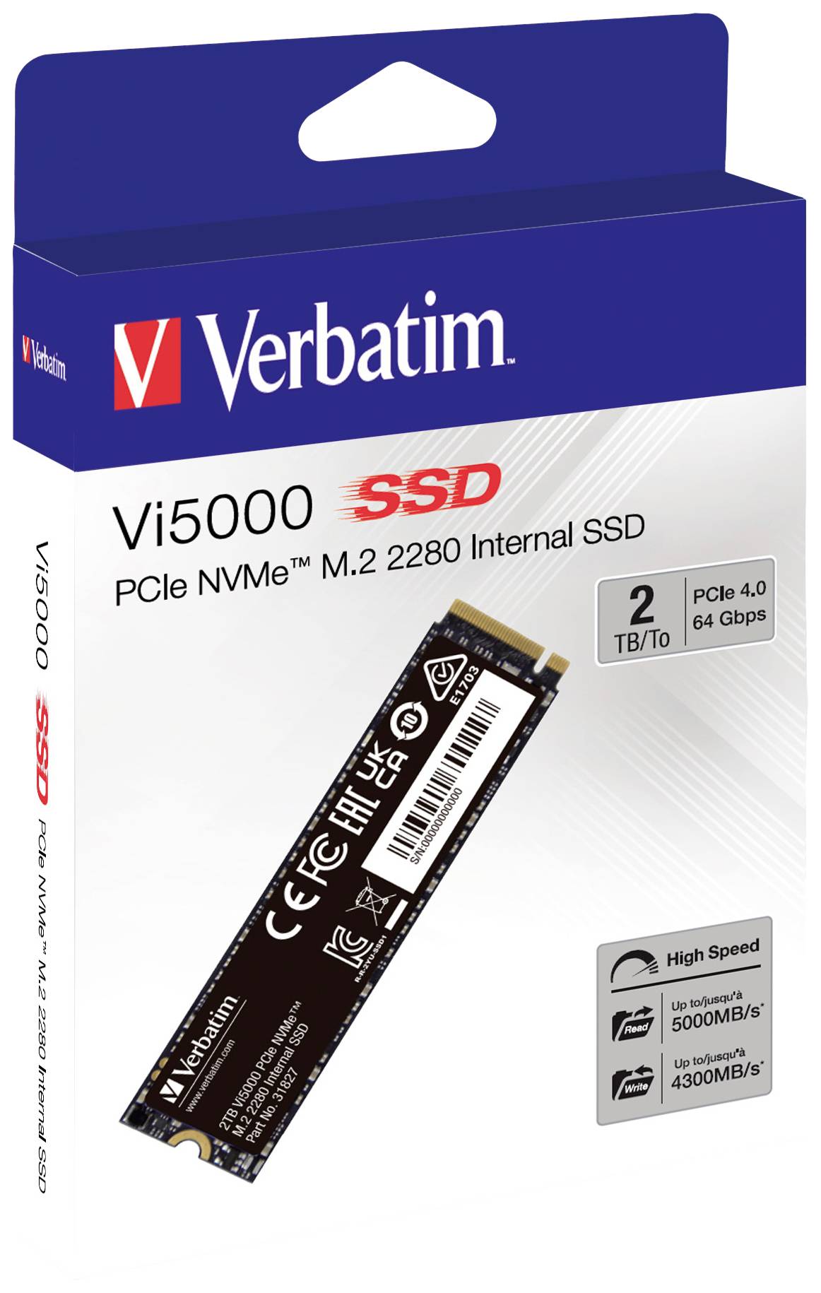 SSD PCIe NVMe M.2 2280 Vi5000 da 2 TB interno. La confezione mostra l'immagine del prodotto, le specifiche e i simboli di velocità.
