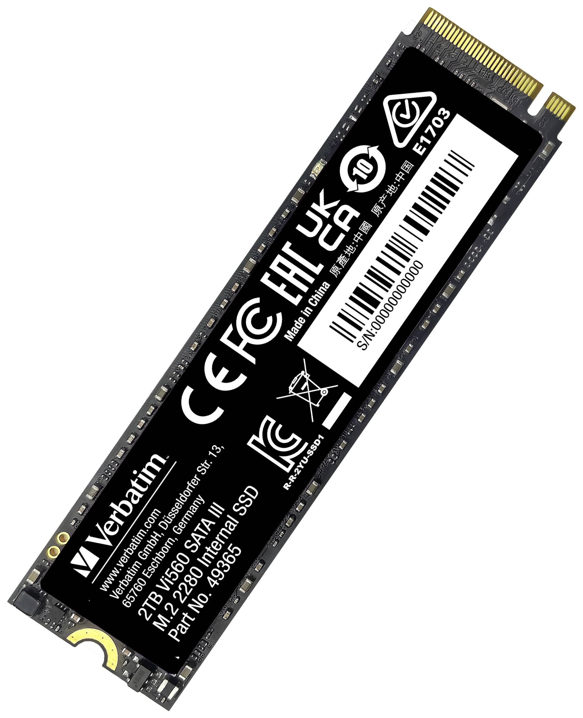 SSD M.2 NVMe di Verbatim da 1 TB di memoria. Alloggiamento nero con etichetta bianca. Compatibile con computer attuali.