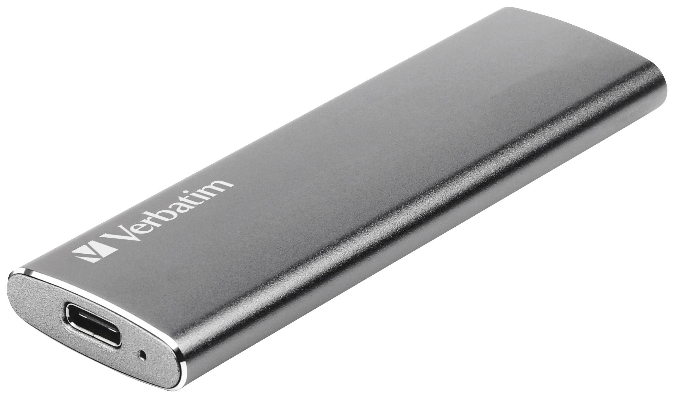 Hard disk SSD esterno di Verbatim in colore argento con connettore USB-C, design sottile, adatto per il trasferimento dati.