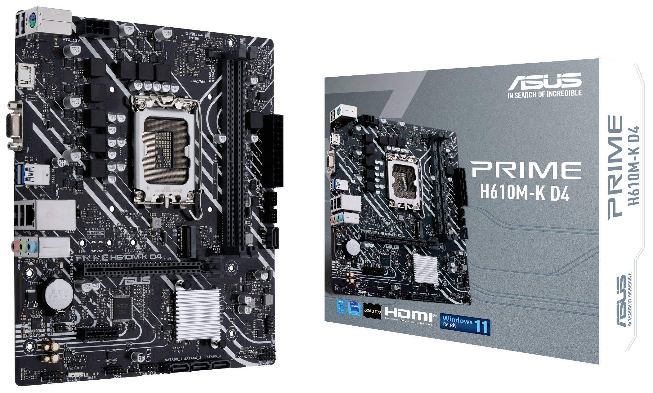 Una scheda madre ASUS PRIME H610M-K D4 accanto alla sua confezione, che evidenzia la compatibilità con Windows 11 e HDMI.