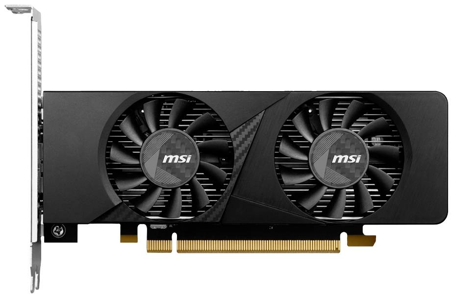 Una scheda grafica MSI nera con due ventole orientate orizzontalmente a destra. La staffa di connessione PCIe è posizionata in basso.
