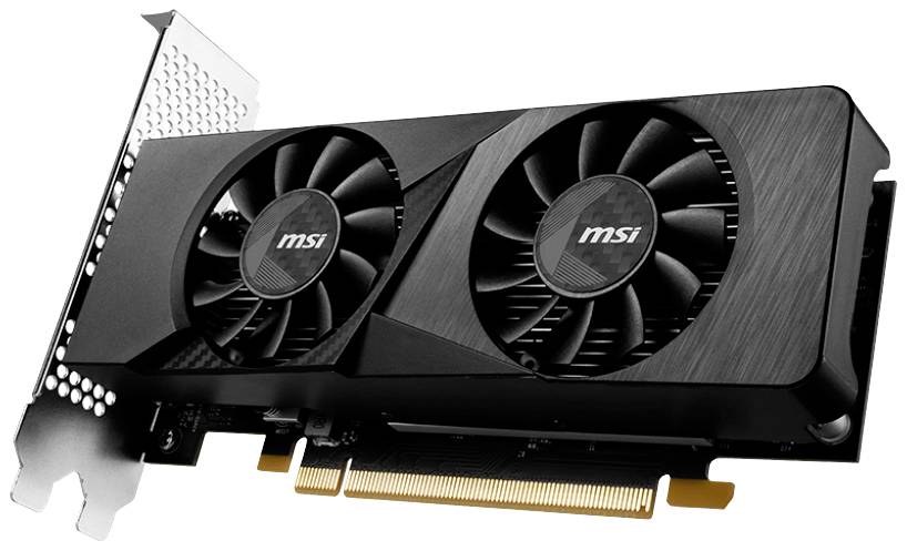 Scheda grafica MSI nera con due ventole, connettore PCIe sul lato inferiore, adatta per aggiornamenti di hardware per computer.
