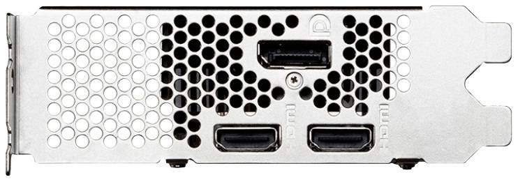 Scheda grafica per PC con pannello posteriore con griglia di ventilazione e connettori: tre porte HDMI e una DisplayPort.