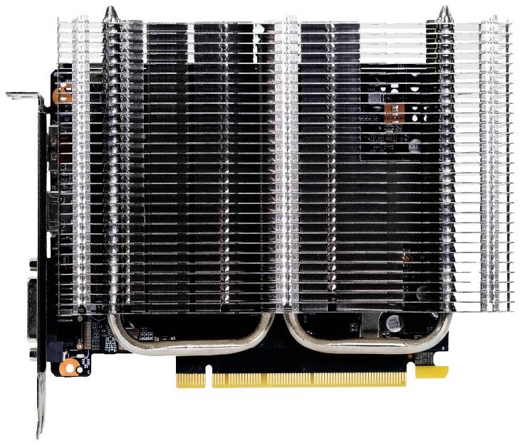 Scheda grafica con dissipatore passivo. Le alette di raffreddamento visibili si estendono sull'intera superficie. Connettore PCIe sul bordo inferiore.
