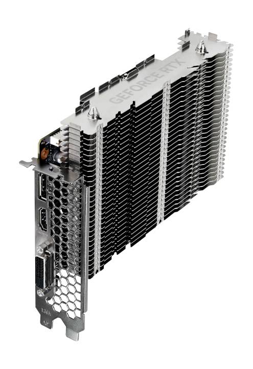 Una scheda grafica con un grande dissipatore di calore e multiple uscite video.