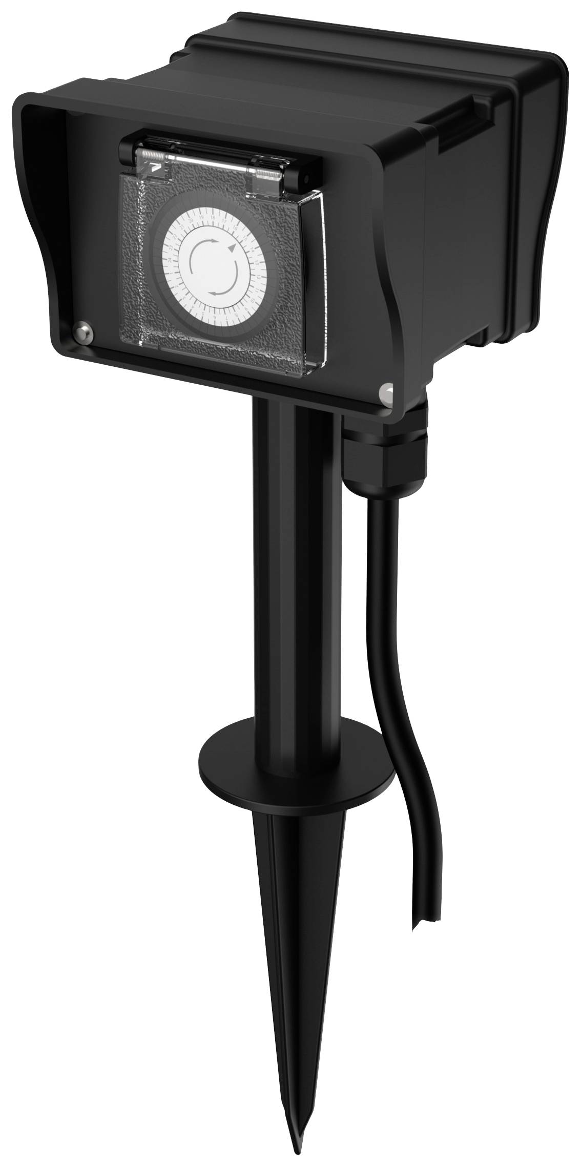 Timer nero da esterno con picchetto di terra, presa elettrica e involucro protettivo, adatto per l'illuminazione da giardino e l'alimentazione elettrica esterna.