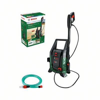 Un set idropulitrice Bosch con dispositivo, tubo e confezione. Adatto per una pulizia efficiente all'esterno.