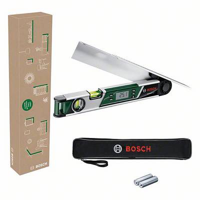 Goniometro digitale Bosch con custodia verde, display LCD integrato, livella e accessori. Confezione, borsa e batterie incluse.