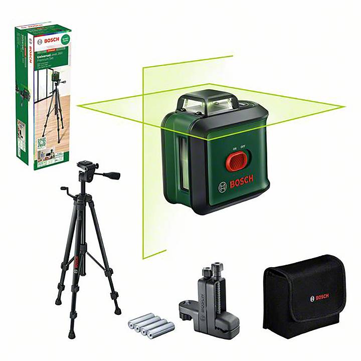 'Bosch livello laser con treppiede, batterie e borsa. Confezione a sinistra, strumento al centro, accessori in basso e a destra.'