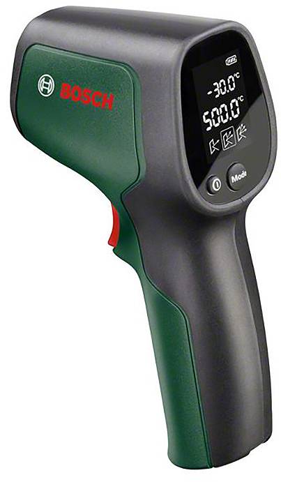 Termometro a infrarossi Bosch con display LCD che mostra un intervallo di temperatura da -30°C a 500°C.