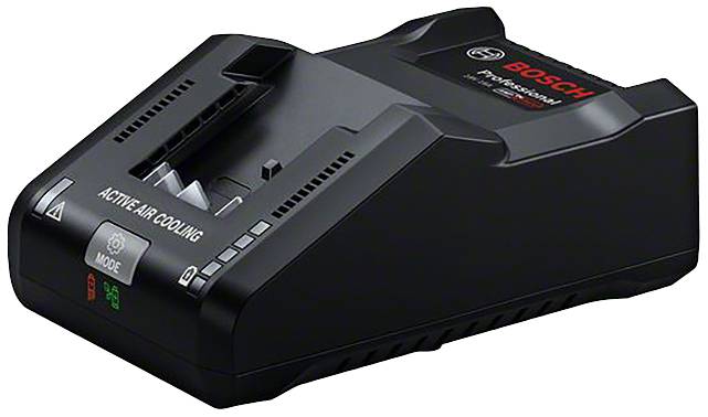 Un caricabatterie nero Bosch Professional con la scritta 'Active Air Cooling'. Adatto per batterie di utensili elettrici.