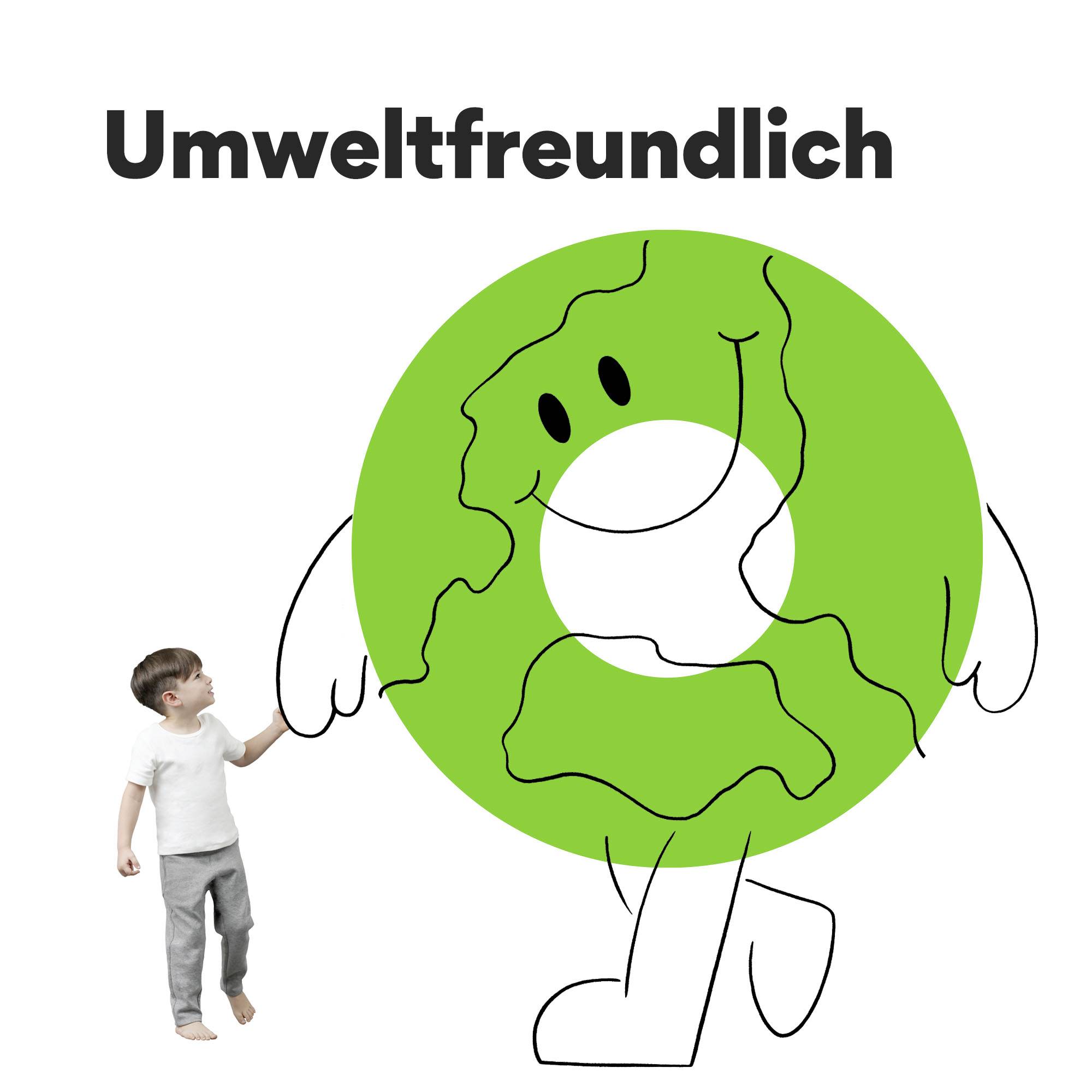 Un bambino indica una grande Terra sorridente disegnata, con il testo "Ecologico" sopra di essa.