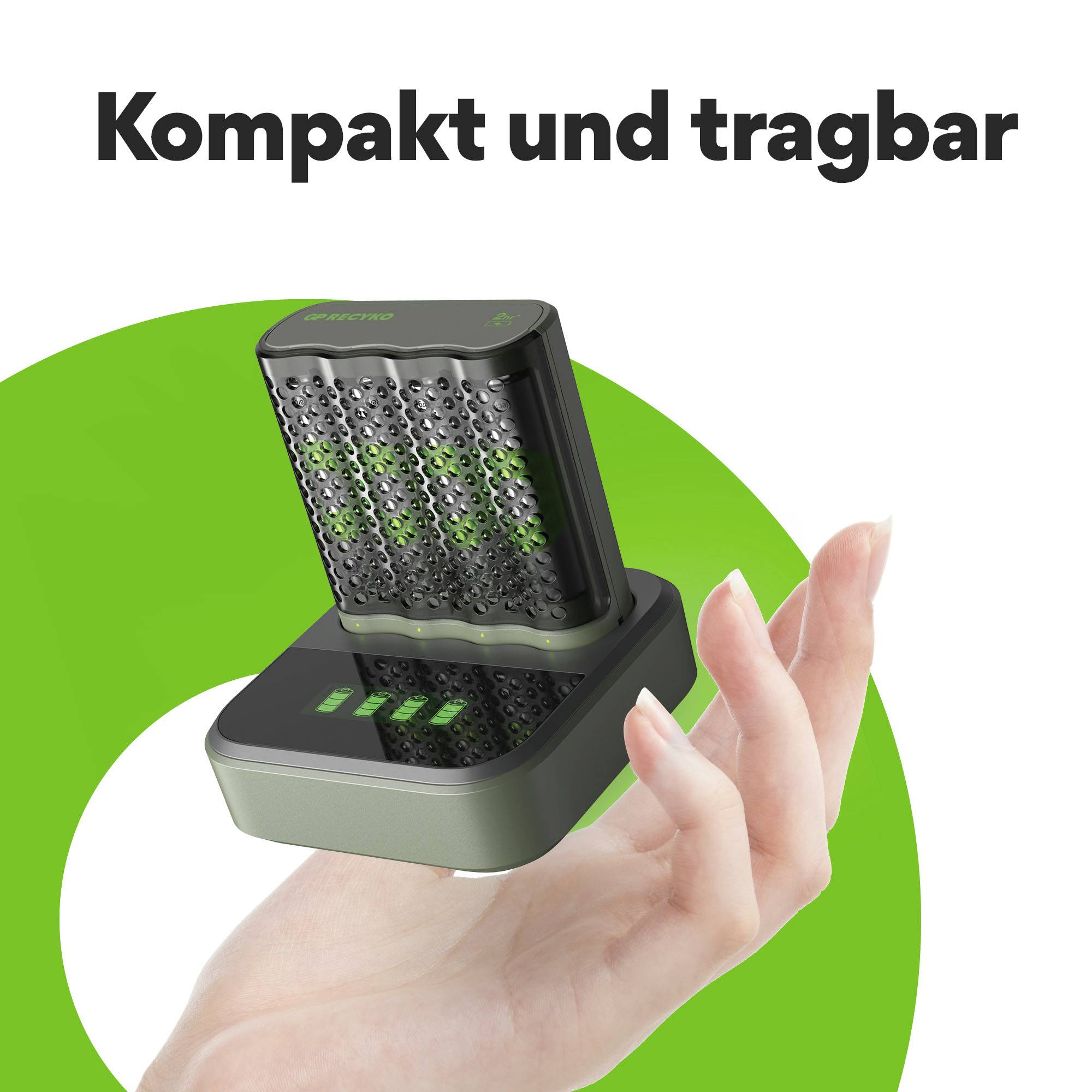 Una mano tiene un piccolo dispositivo nero con display LED. Sopra è scritto in grassetto: 'Compatto e portatile'.