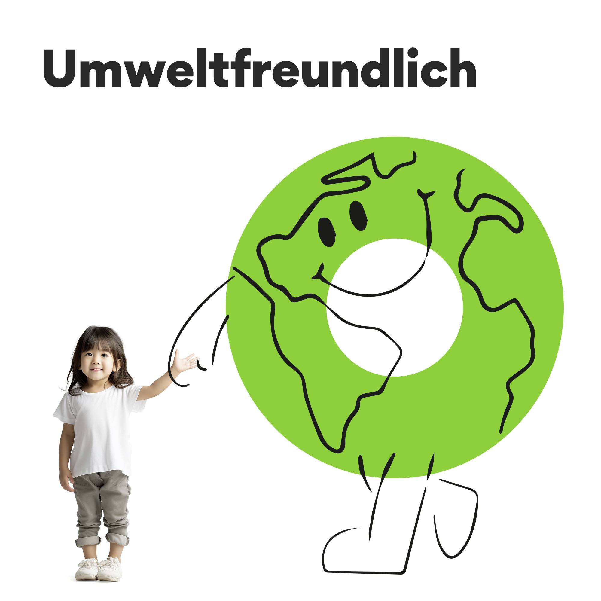 Un bambino posa allegramente accanto a una Terra disegnata con un volto e braccia, con la scritta 'Ecologico' in alto.