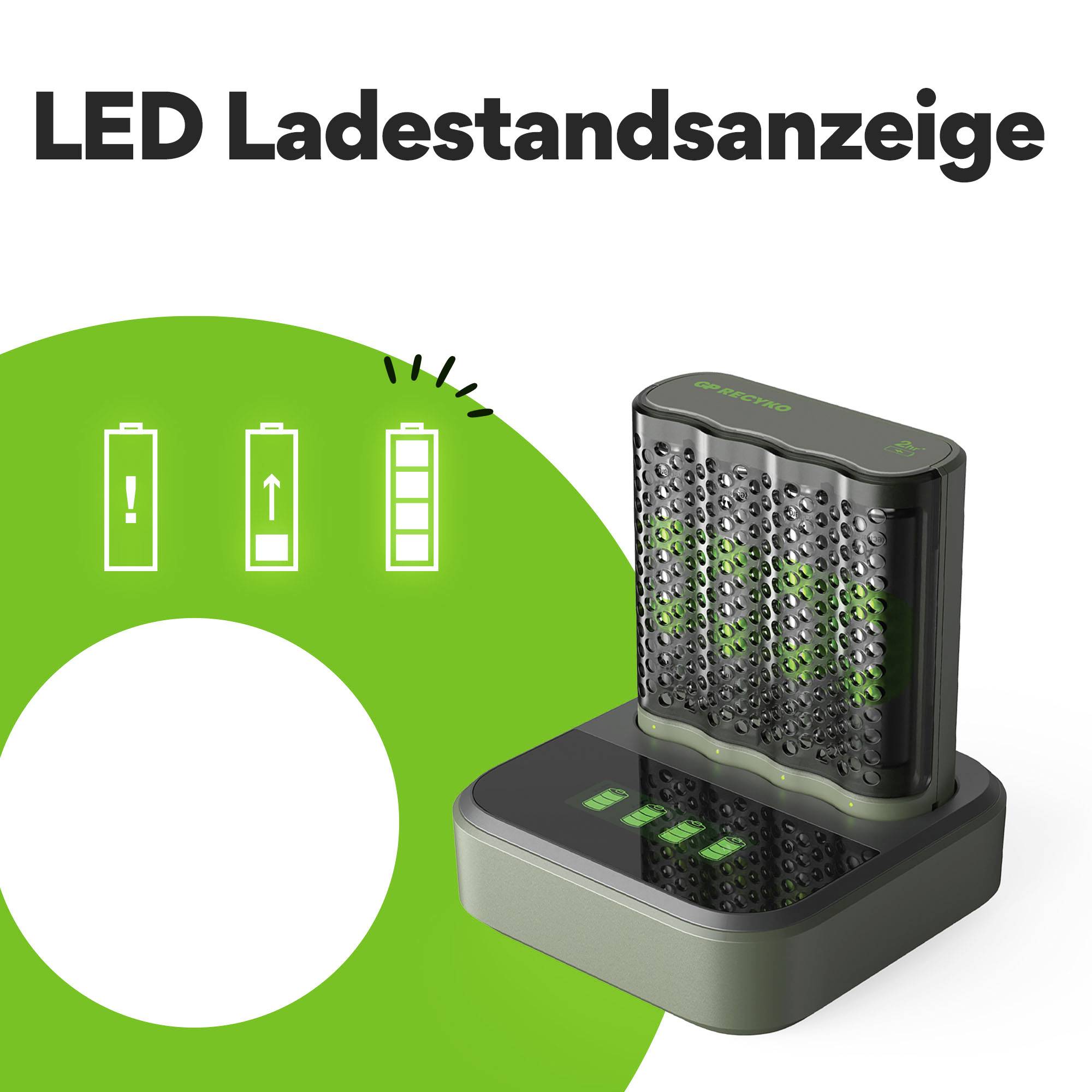 Caricabatterie con quattro batterie ricaricabili che mostra indicatori LED per lo stato di carica. Testo: 'Indicatore LED dello stato di carica'.