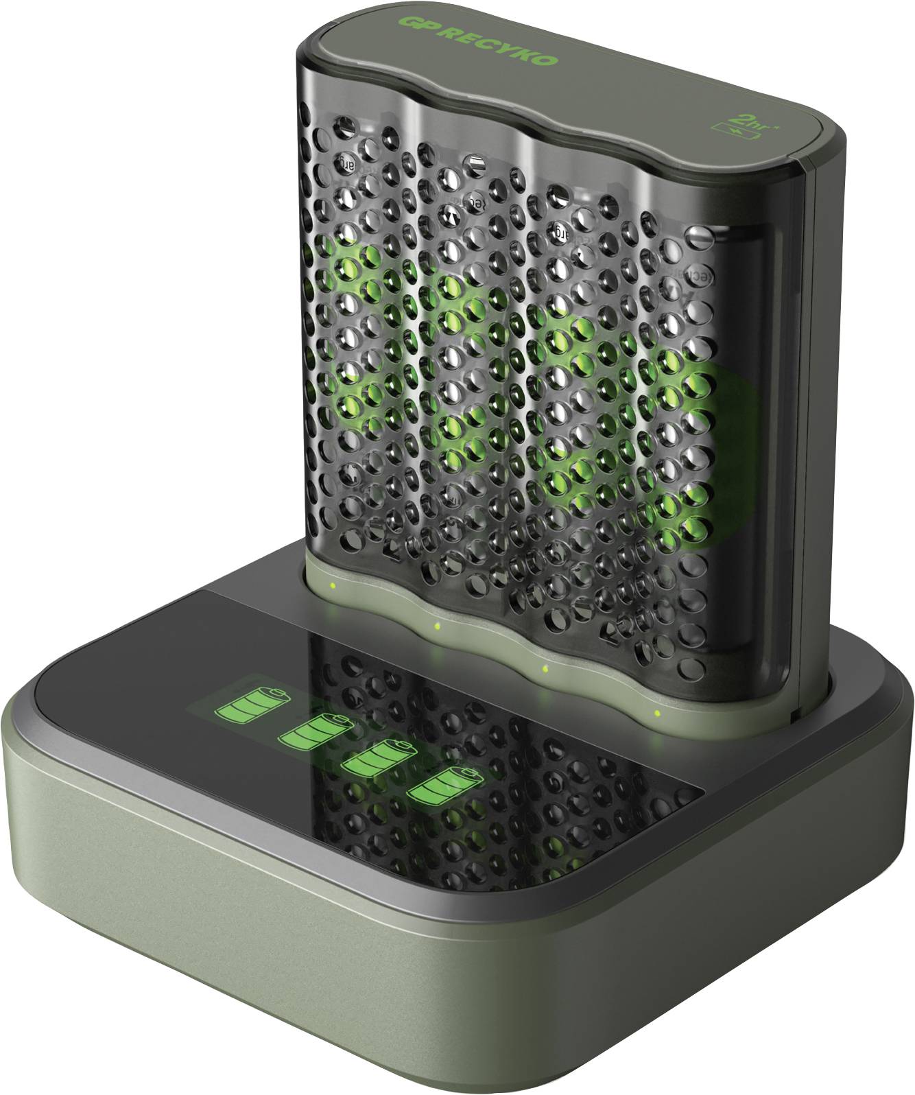 Caricabatterie con quattro batterie ricaricabili inserite, il cui stato di carica è indicato da una luce verde.
