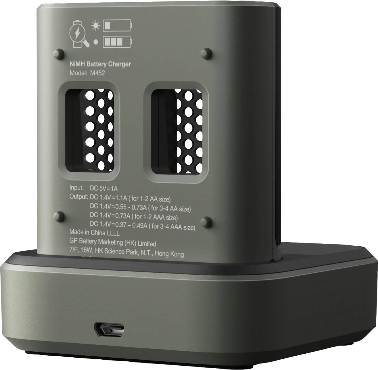 Caricabatterie per batterie NiMH, modello M452, con due slot. Ingresso: DC 5V 1.1A, uscita: DC 1.4V in diverse intensità.