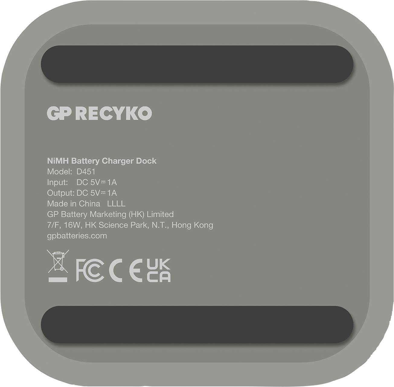 Retro del dock caricabatterie grigio con testo nero. Scritta: 'GP Recyko', specifiche e informazioni del produttore.