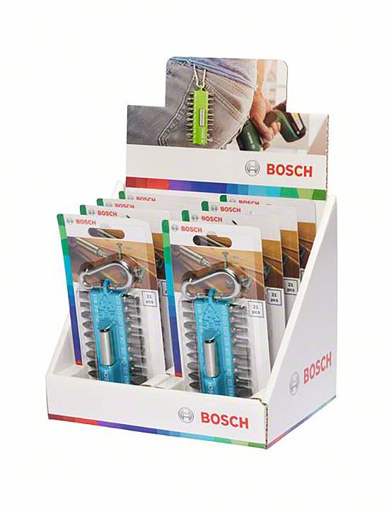 Espositore per la vendita con accessori Bosch. Fronte che mostra confezioni con portachiavi luminosi color turchese. Sfondo con logo Bosch.