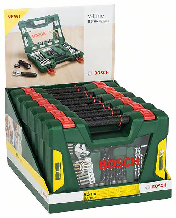 Set di utensili Bosch V-Line 83 pezzi su display. Presenta un'ampia gamma di attrezzi manuali in una valigetta.