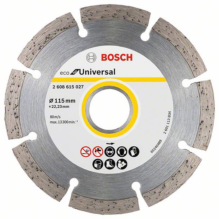'Bosch eco Universal' Disco diamantato 115 mm di diametro, idoneo per materiali lapidei, con simboli di informazioni di sicurezza.