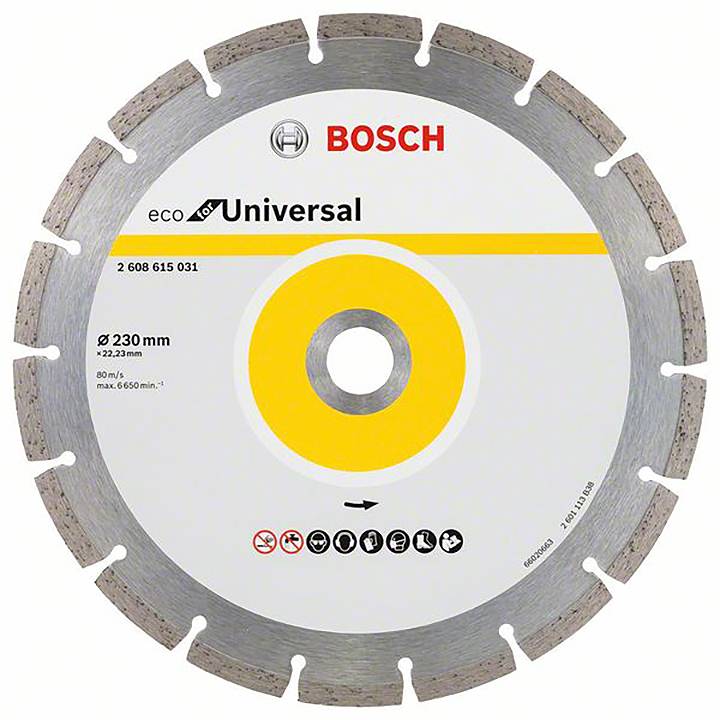 Lama per sega circolare con la scritta 'Bosch eco for Universal', diametro 230 mm. Adatta per diversi materiali.